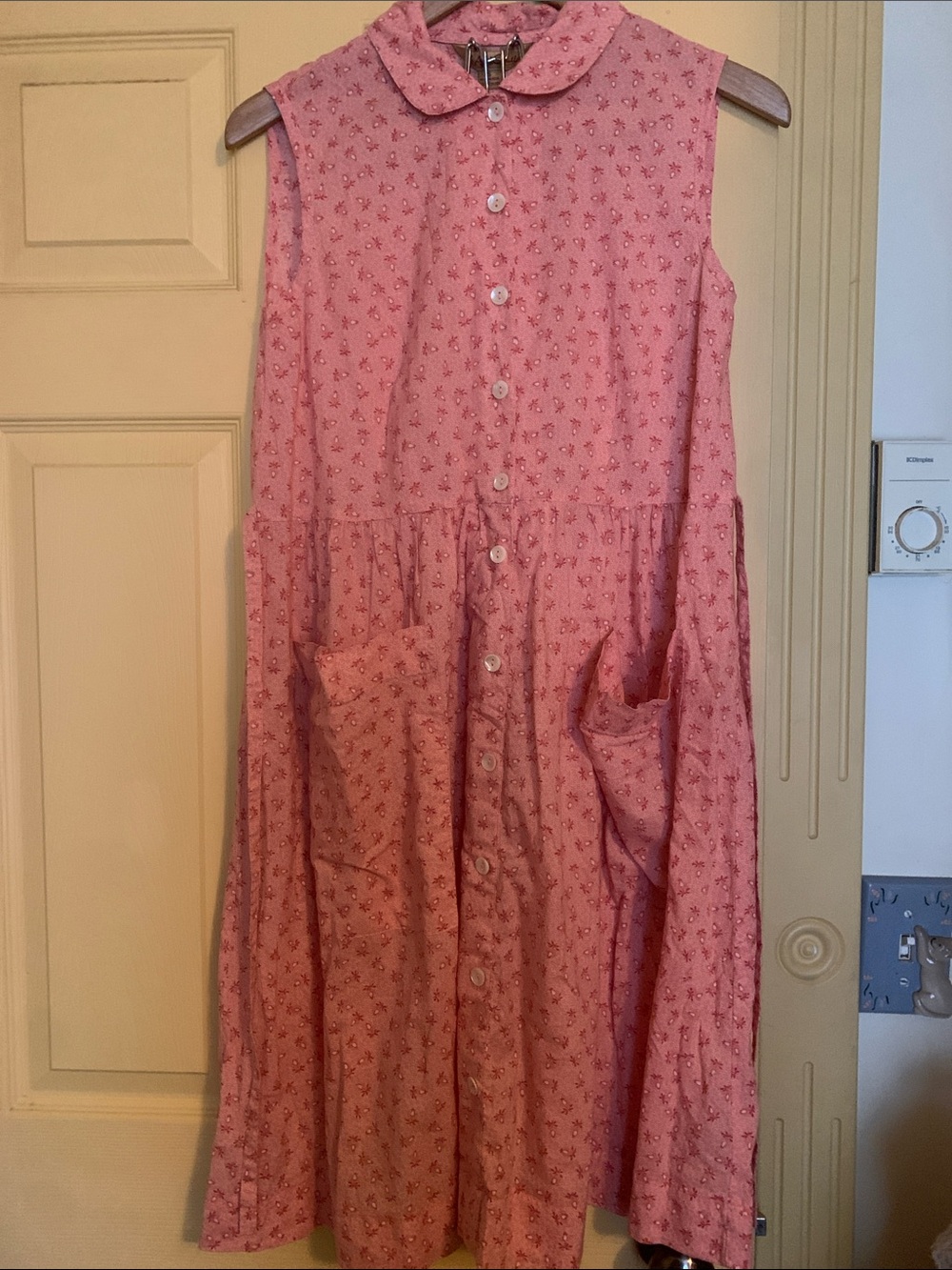 April Cornell Pink Sleeveless Collared Button Up Dress Tie Waist Cottagecore